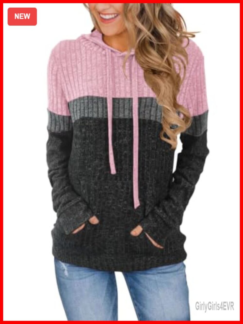 Women's Color Block Knit Hoodie Long Sleeve Pullover Sweater with Pocket